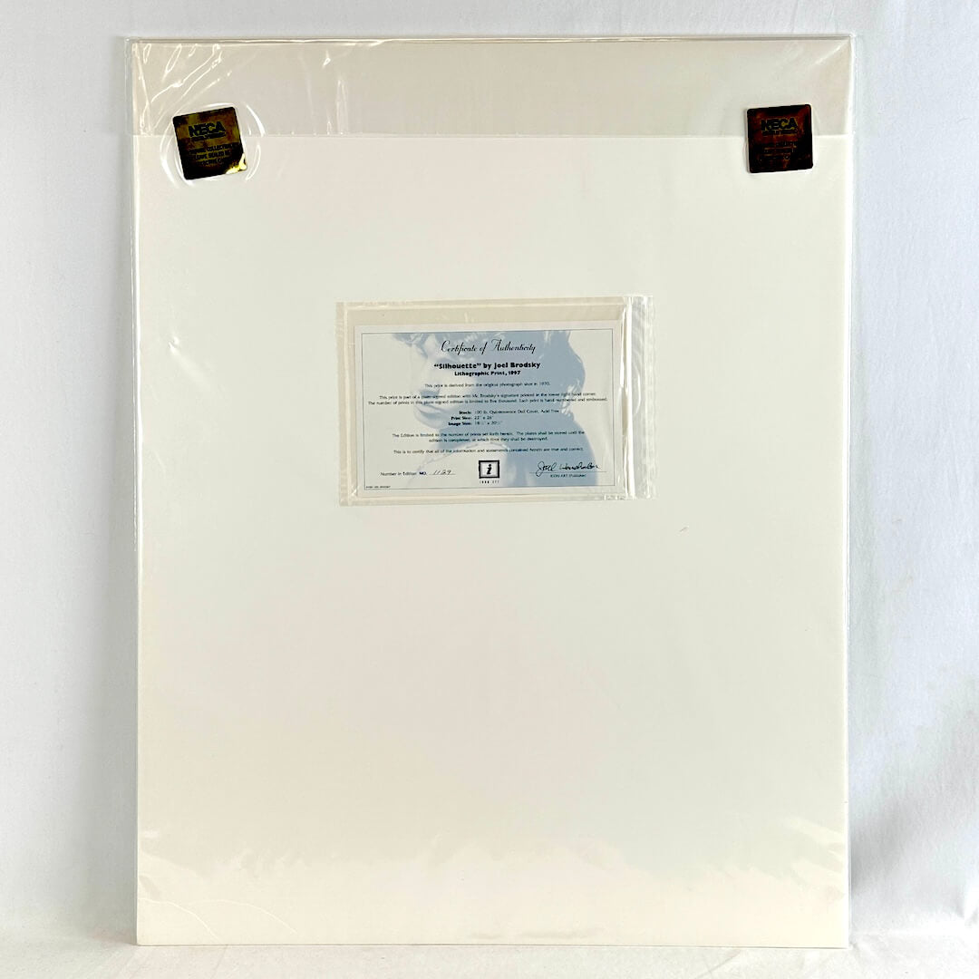 Backside of print with certificate of authenticity and two gold sticker seals on plastic sleeve. 