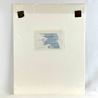 Backside of print with certificate of authenticity and two gold sticker seals on plastic sleeve. 
