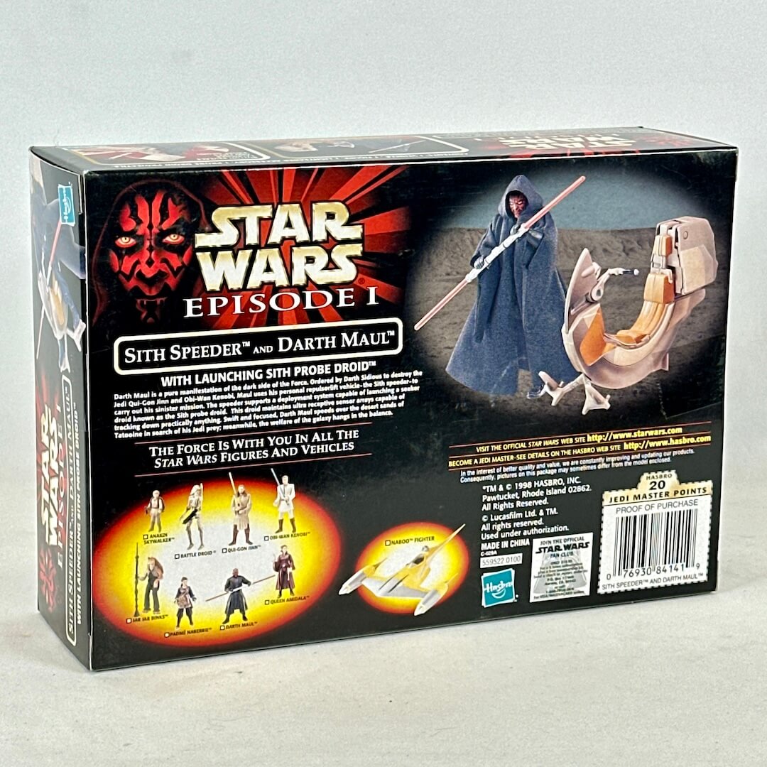Star Wars Episode I Sith Speeder and Darth Maul toy set packaging on a gray background