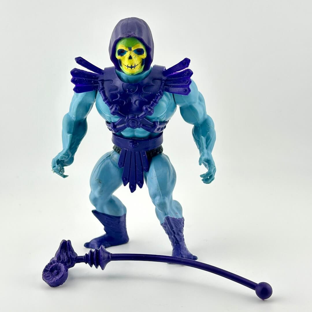 Skeletor action figure with light blue body and dark blue accessories. 