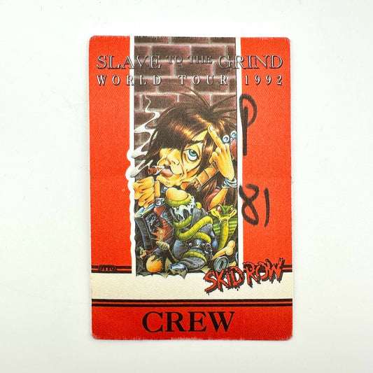 Vintage backstage pass with illustration of someone smoking in center and red borders. 
