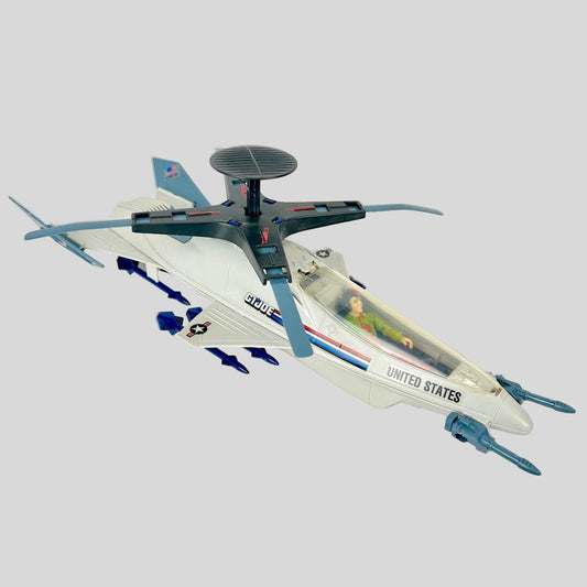 Toy helicopter with a transparent body displaying graphics on a white background