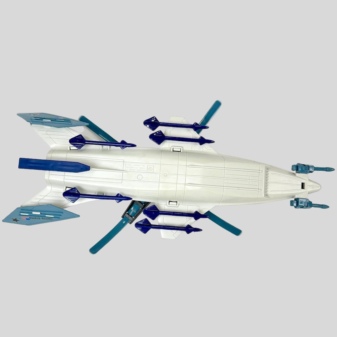 Toy model of a spacecraft with blue and gray details on a white background