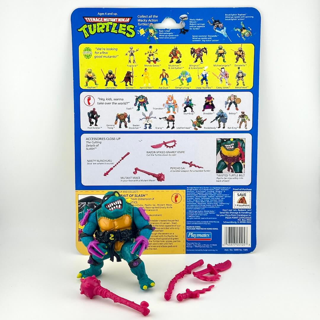 TMNT turtle action figure with accessories and card back on white background.