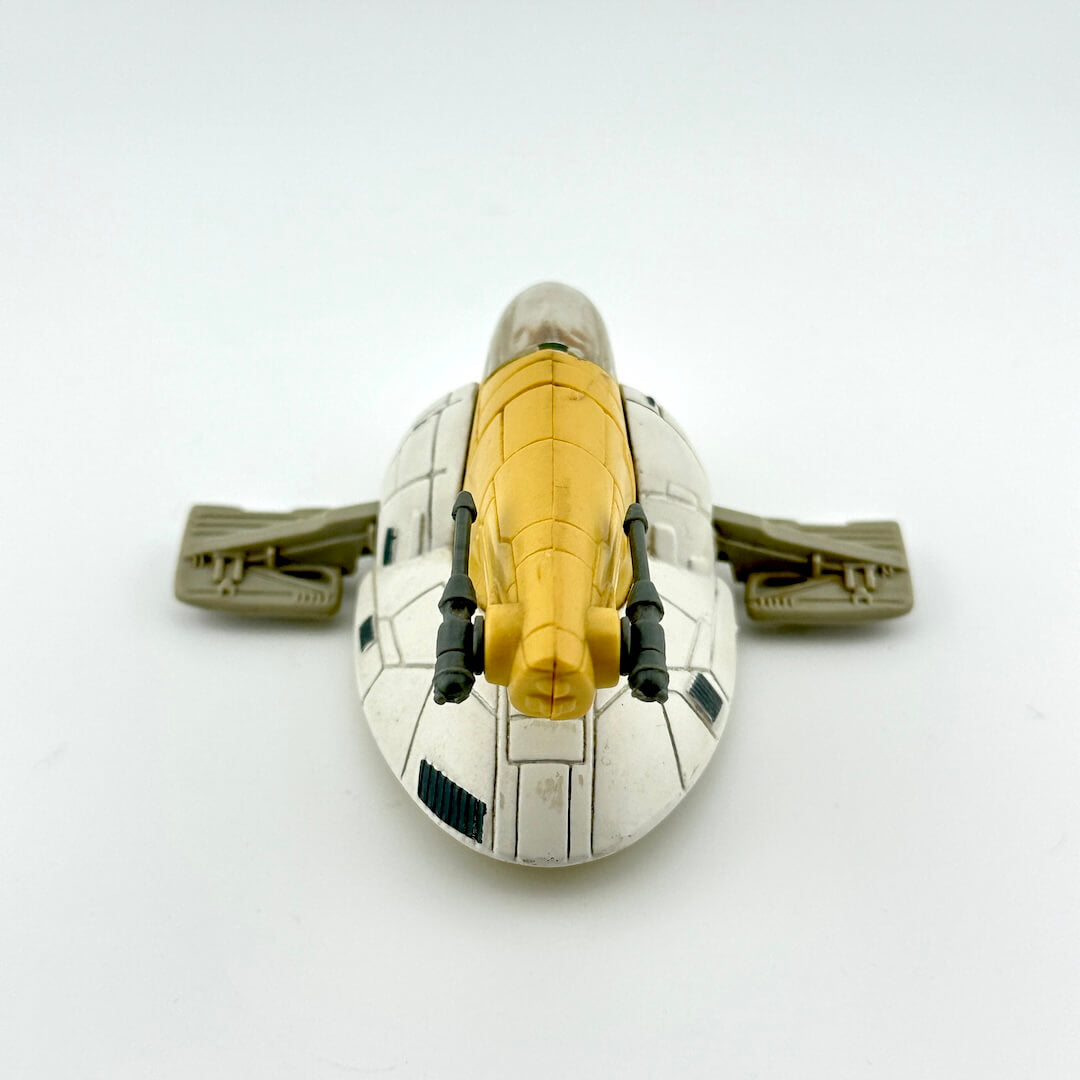 Diecast model of a spaceship of Boba Fett's Slave 1 on a white background