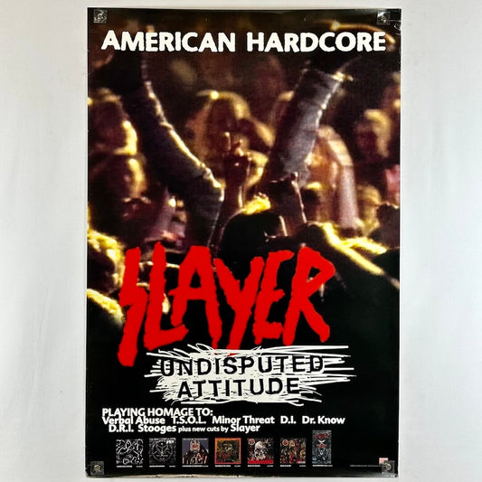Slayer American Hardcore poster with crowd and band members in the background