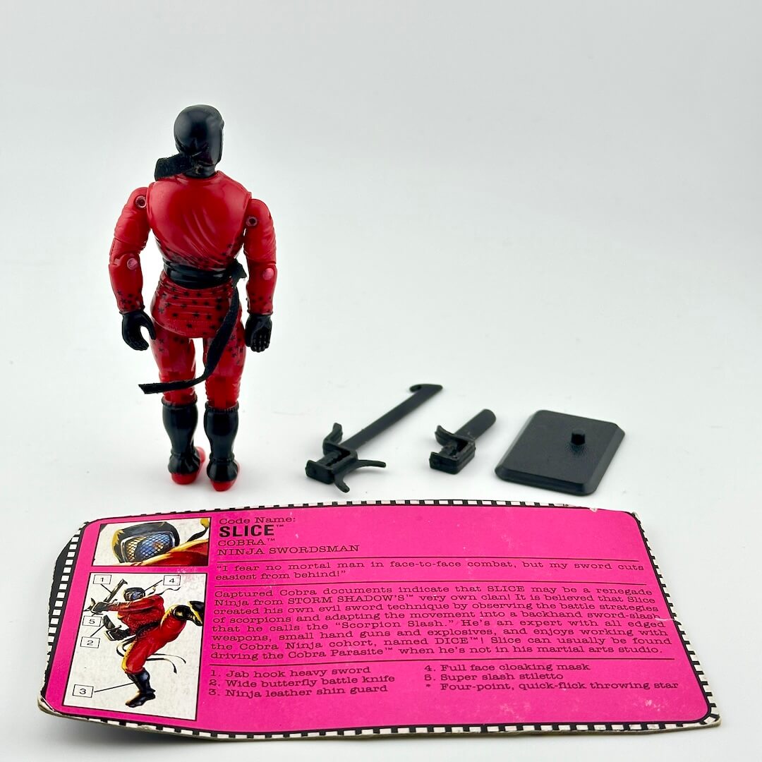 Action figure with accessories and character card on a white background