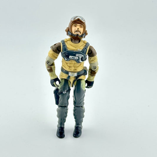 Action figure in flight suit against white background. 
