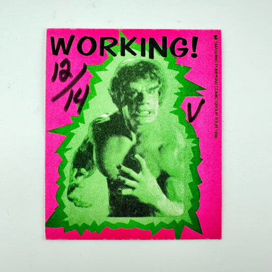 Pink fabric pass with green Hulk and black text against white background. 