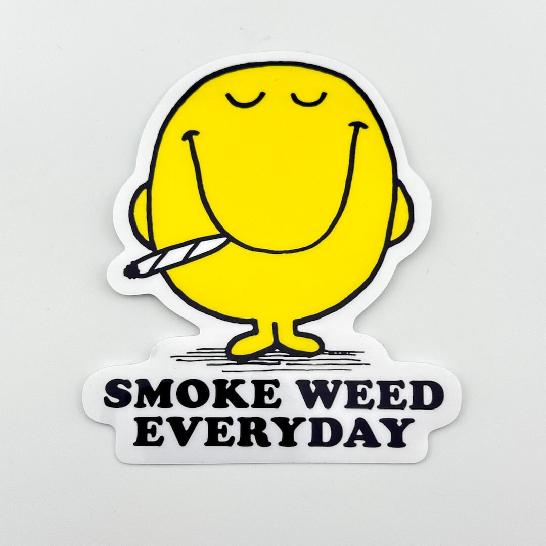 Yellow character holding a cigarette with 'Smoke Weed Everyday' text on a gray background
