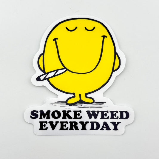 Yellow character holding a cigarette with 'Smoke Weed Everyday' text on a gray background