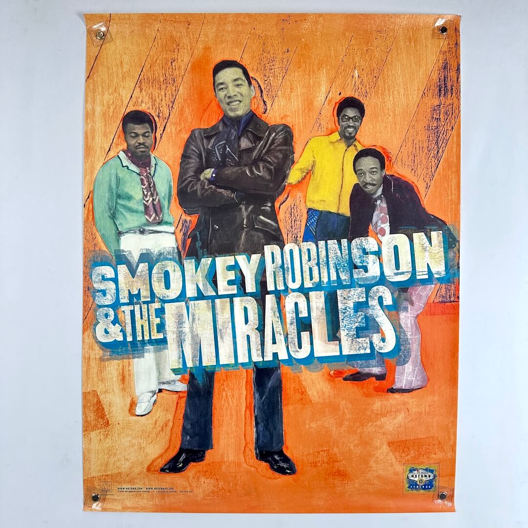 Poster of Smokey Robinson and The Miracles with four men on an orange background