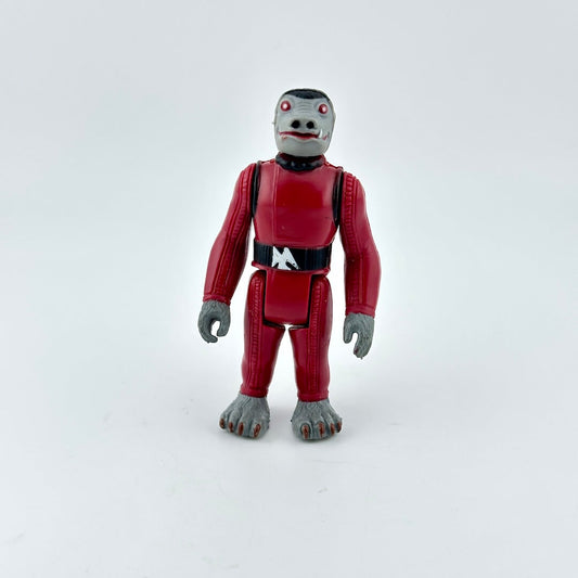 Action figure with red suit and gray limbs on a white background
