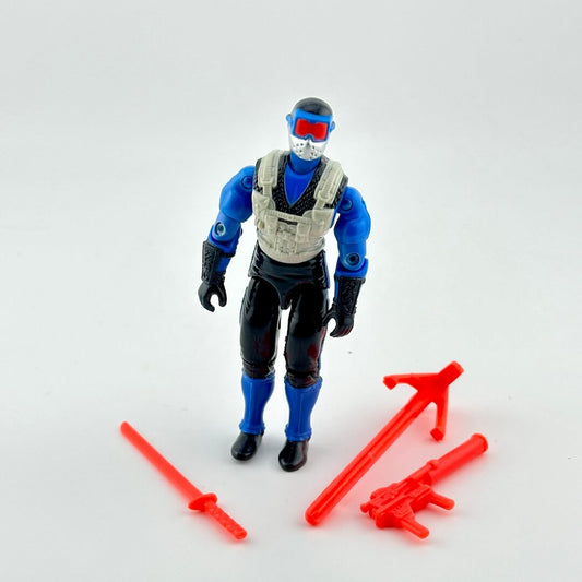 Toy figure with blue and black outfit and red accessories on a white background