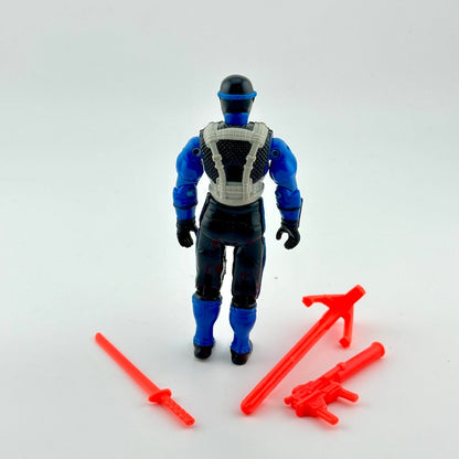 Action figure with blue and black armor and accessories on a white background
