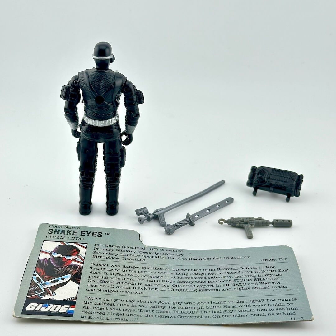 G.I. Joe action figure with accessories and card on a white background