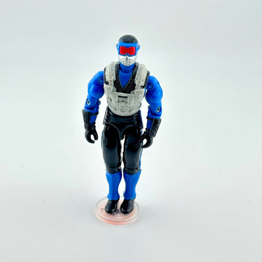 Action figure with blue and black outfit on a white background