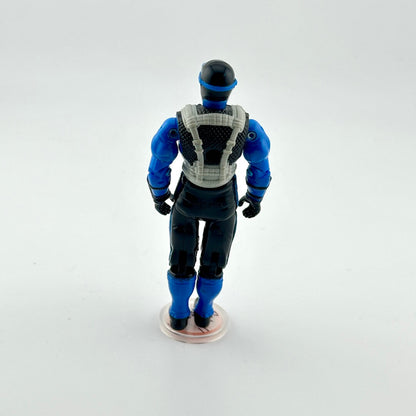 Action figure in blue and gray outfit on a white background