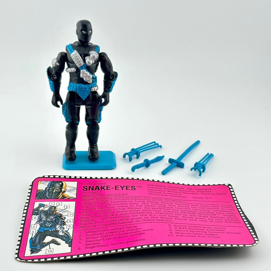G.I. Joe action figure with accessories and character card against white background.