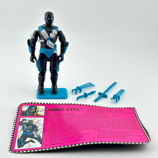 G.I. Joe action figure with accessories and character card against white background.