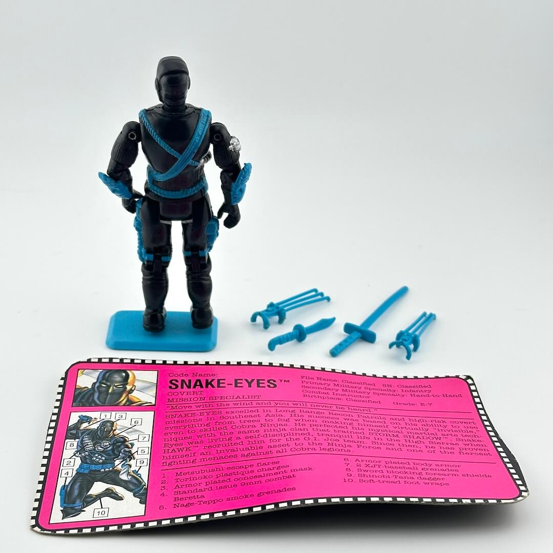 G.I. Joe action figure with accessories and character card against white background.