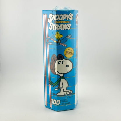 A tall, narrow blue package of Snoopy's Bippin' Straws containing 100 plastic drinking straws.