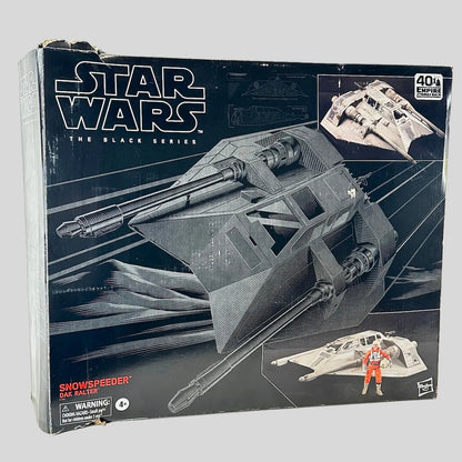 Star Wars Black Series Snowspeeder box with some wear on light background. 