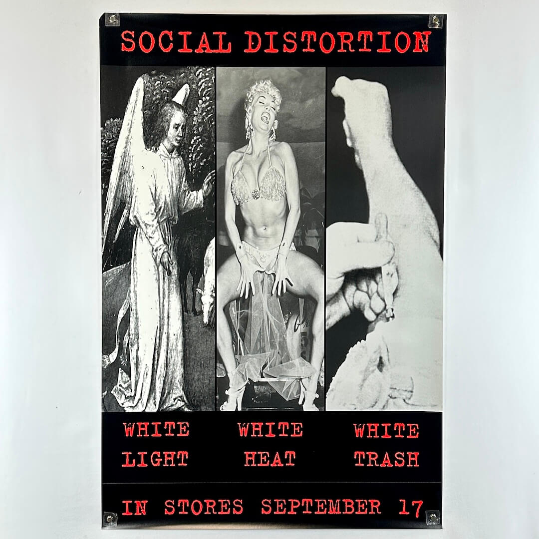 Black & white promo poster for Social Distortion album with 3 main images in a row with red text at top & bottom. 