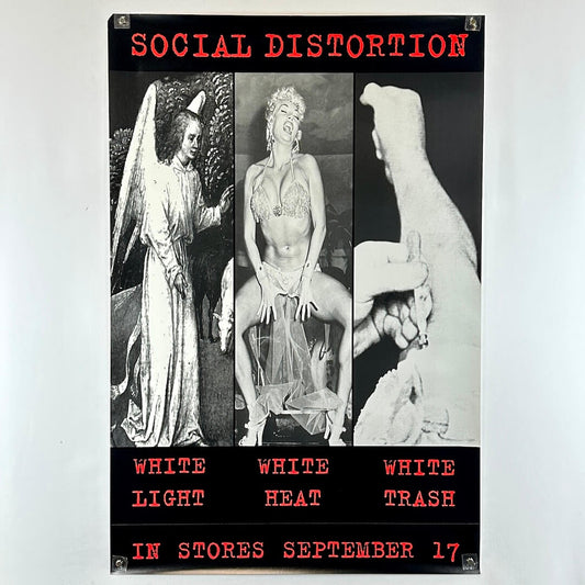 Black & white promo poster for Social Distortion album with 3 main images in a row with red text at top & bottom. 