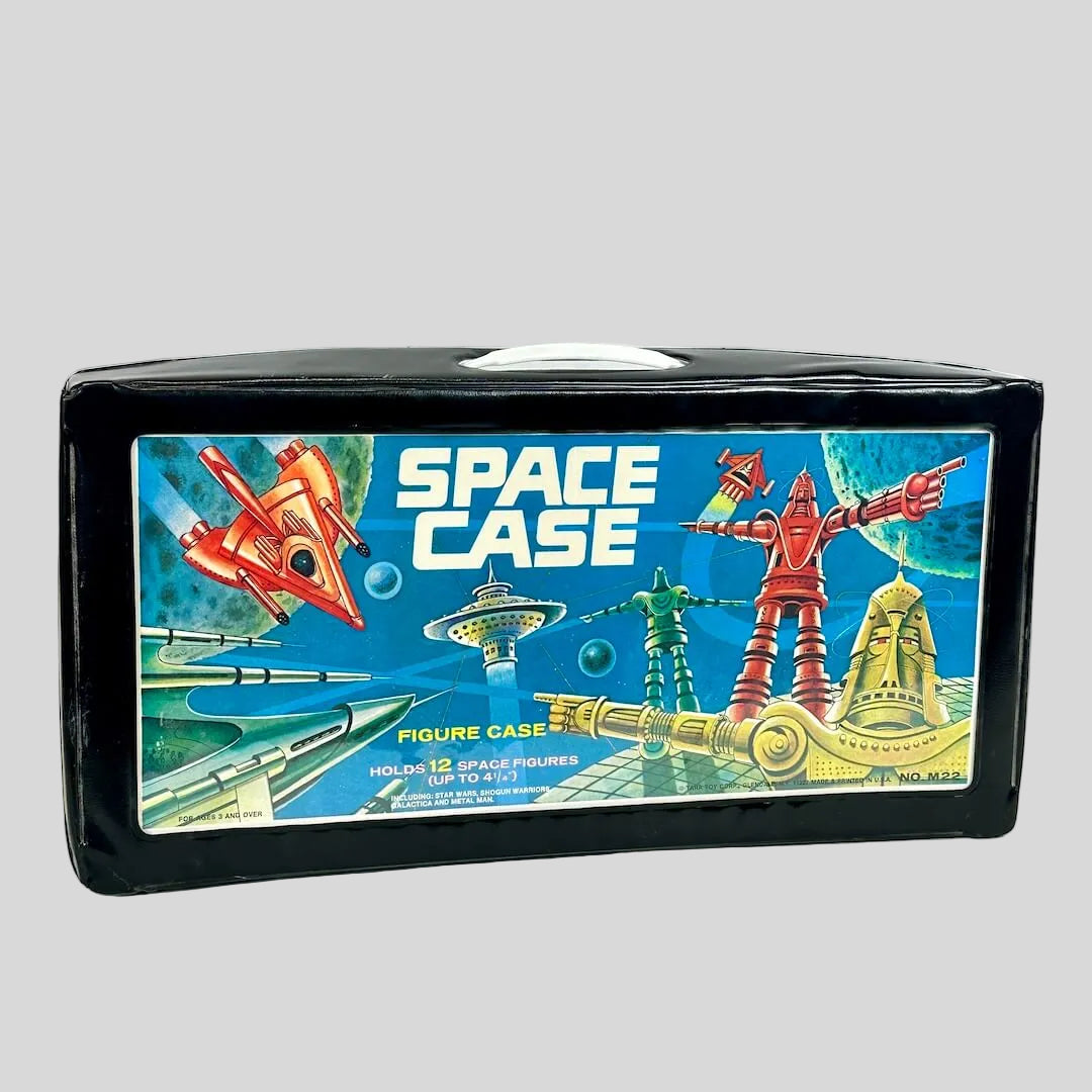 Space-themed figure case with colorful illustrations on a white background
