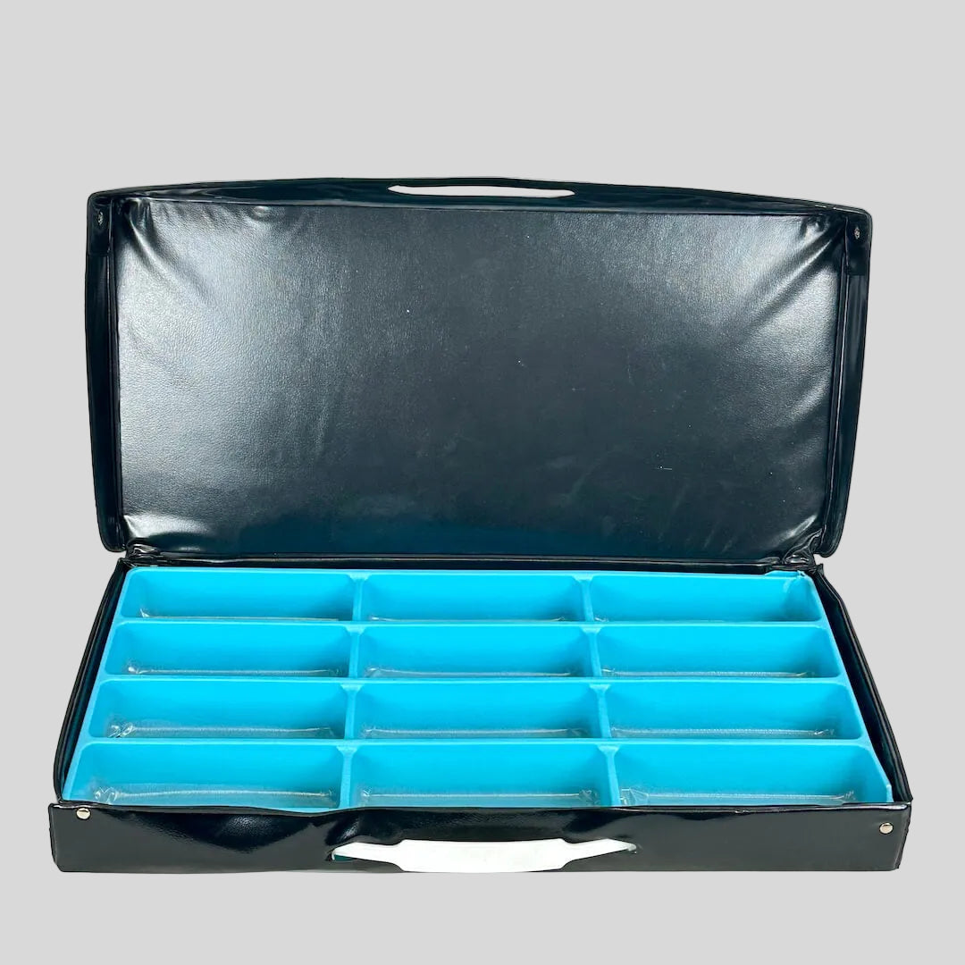 Black case with blue interior compartments on a white background