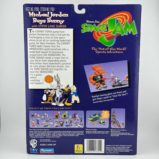 Dark blue backing of back of package with Space Jam logo and images of other figures available. 