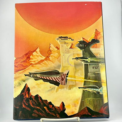 Vintage-style book cover with futuristic landscape and spacecraft against white background.