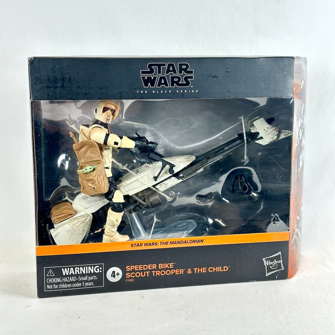 Star Wars The Black Series Speeder Bike Scout Trooper & The Child action figure in its original window box packaging.