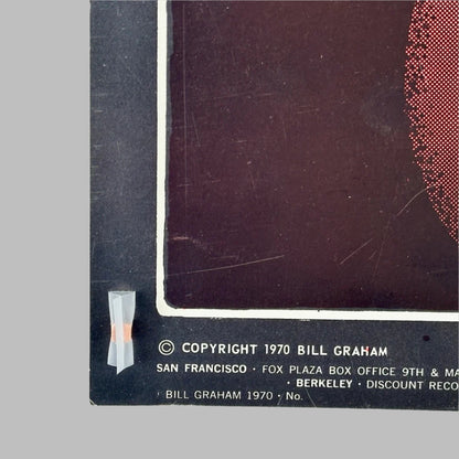 Bottom left corner showing some scratches to ink, copyright info for 1970 Bill Graham in white on black. Slight corner damage