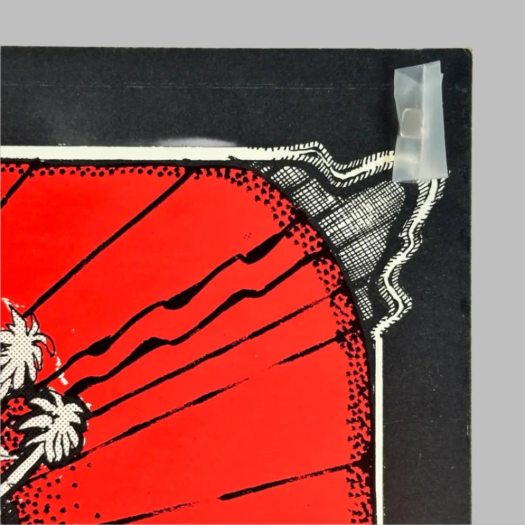 Top right corner with very slight crease at corner, crisp edges on black poster, white border, red graphic background.