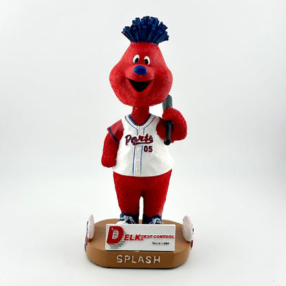 Red mascot figurine with blue hair and a white jersey on a white background