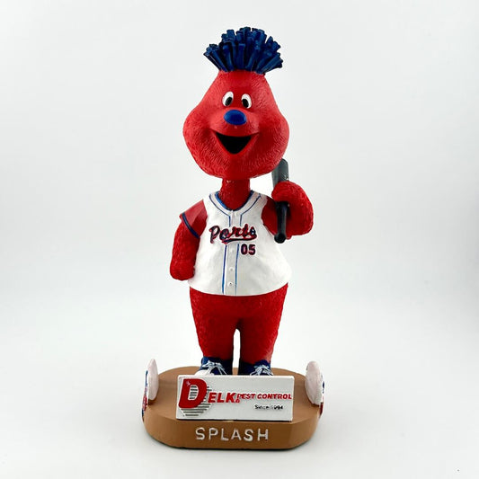 Red mascot figurine with blue hair and a white jersey on a white background