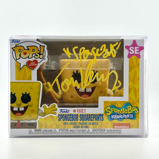 Sealed Spongebob vinyl figure holding jellyfish net, with yellow marker Tom Kenny signature over plastic window of packaging.