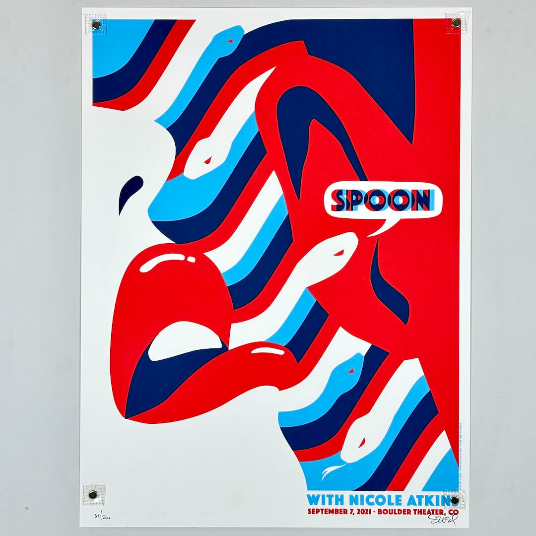 Colorful abstract design with 'Spoon' and 'Nicole Atkin' text on a white background