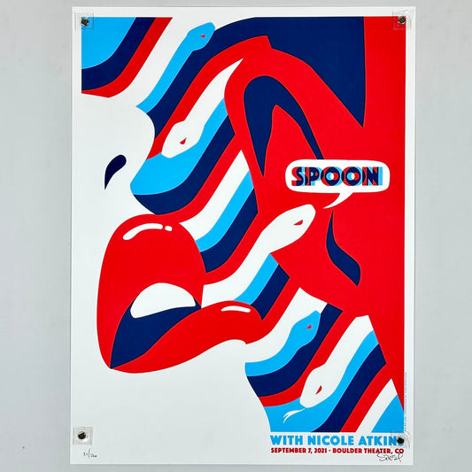 Colorful abstract design with 'Spoon' and 'Nicole Atkin' text on a white background
