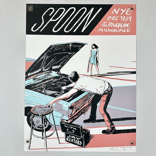 Concert poster with man standing in front of car with hood up, and woman approaching with bat. Text along top. 
