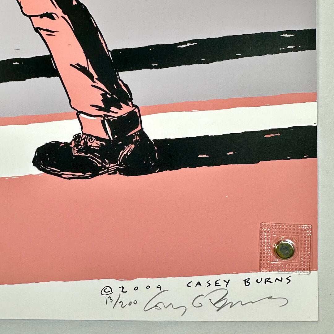 Bottom right corner of poster in mint condition, featuring artist signature and poster number in pencil. 