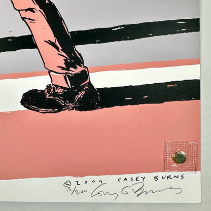 Bottom right corner of poster in mint condition, featuring artist signature and poster number in pencil. 