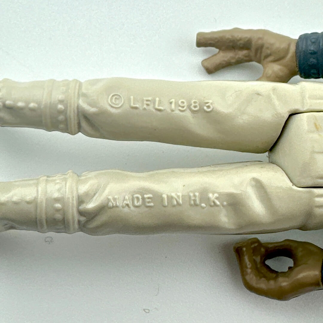 Close-up of back of figure's legs to show COO and copyright information. 