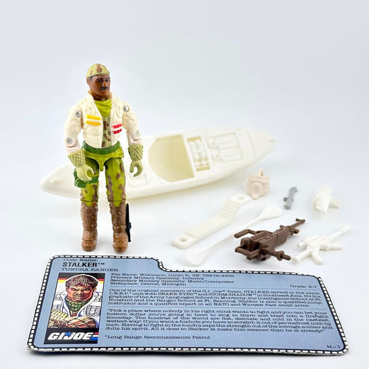 Vintage GI Joe action figure with accessories and card on a white background