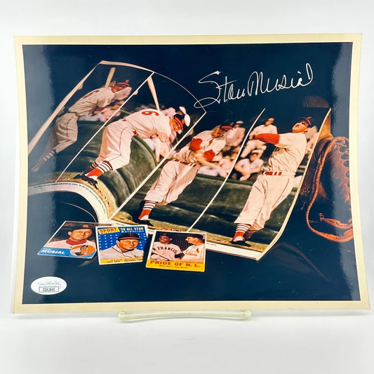 Photograph of memorabilia collage featuring signature of player, JSA authentication sticker in corner. 