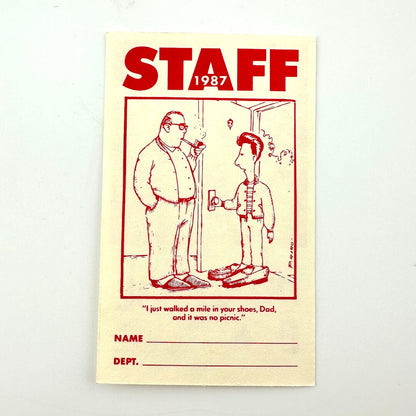 Vintage-style ticket with illustration of two men and text, labeled 'Staff 1987'.