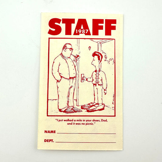 Vintage-style ticket with illustration of two men and text, labeled 'Staff 1987'.