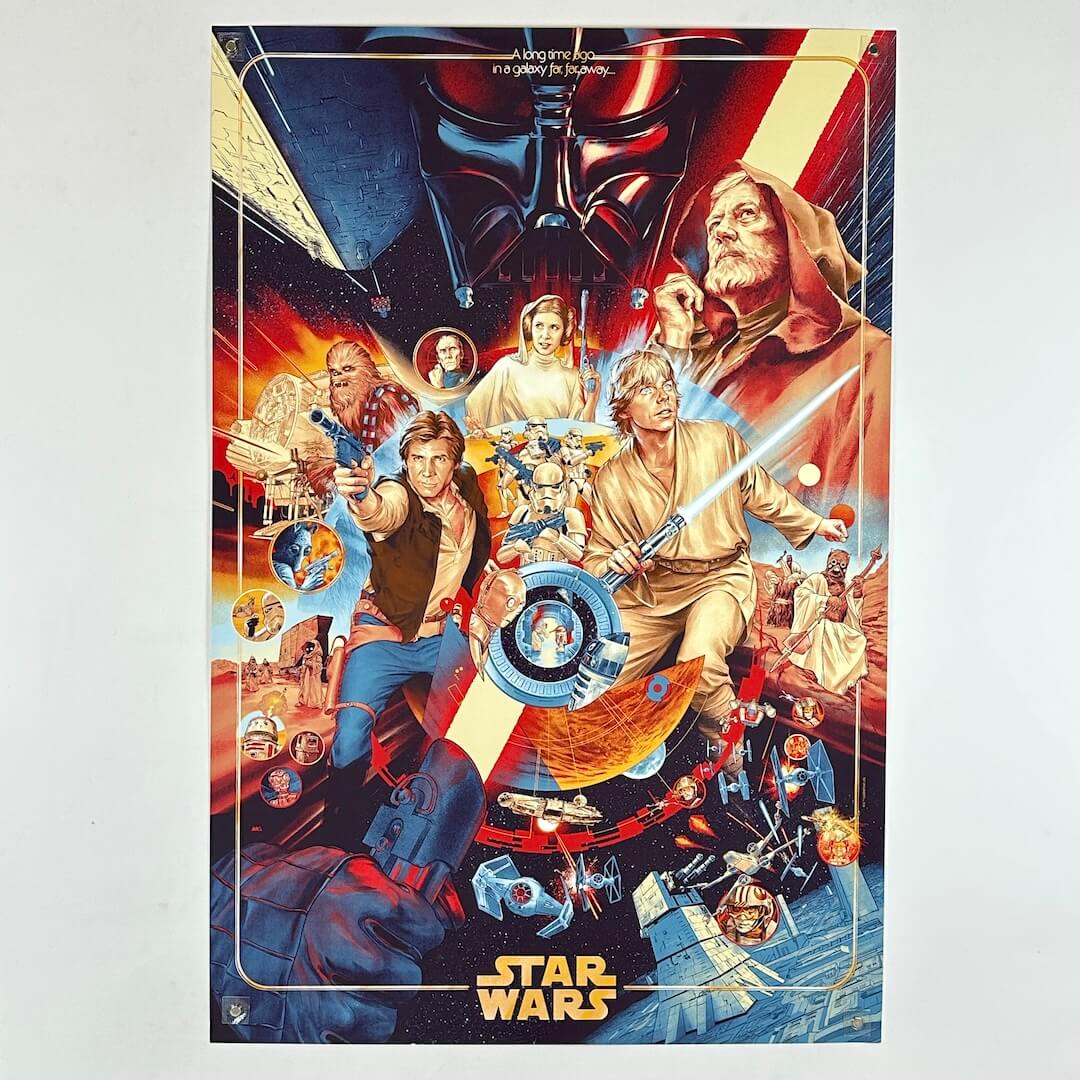 Brightly colored Star Wars poster with all the characters. 